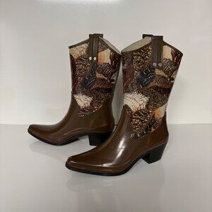 Womens Brown Rubber Western Cowboy Boots Size 9 Feather Print Practical Fashion